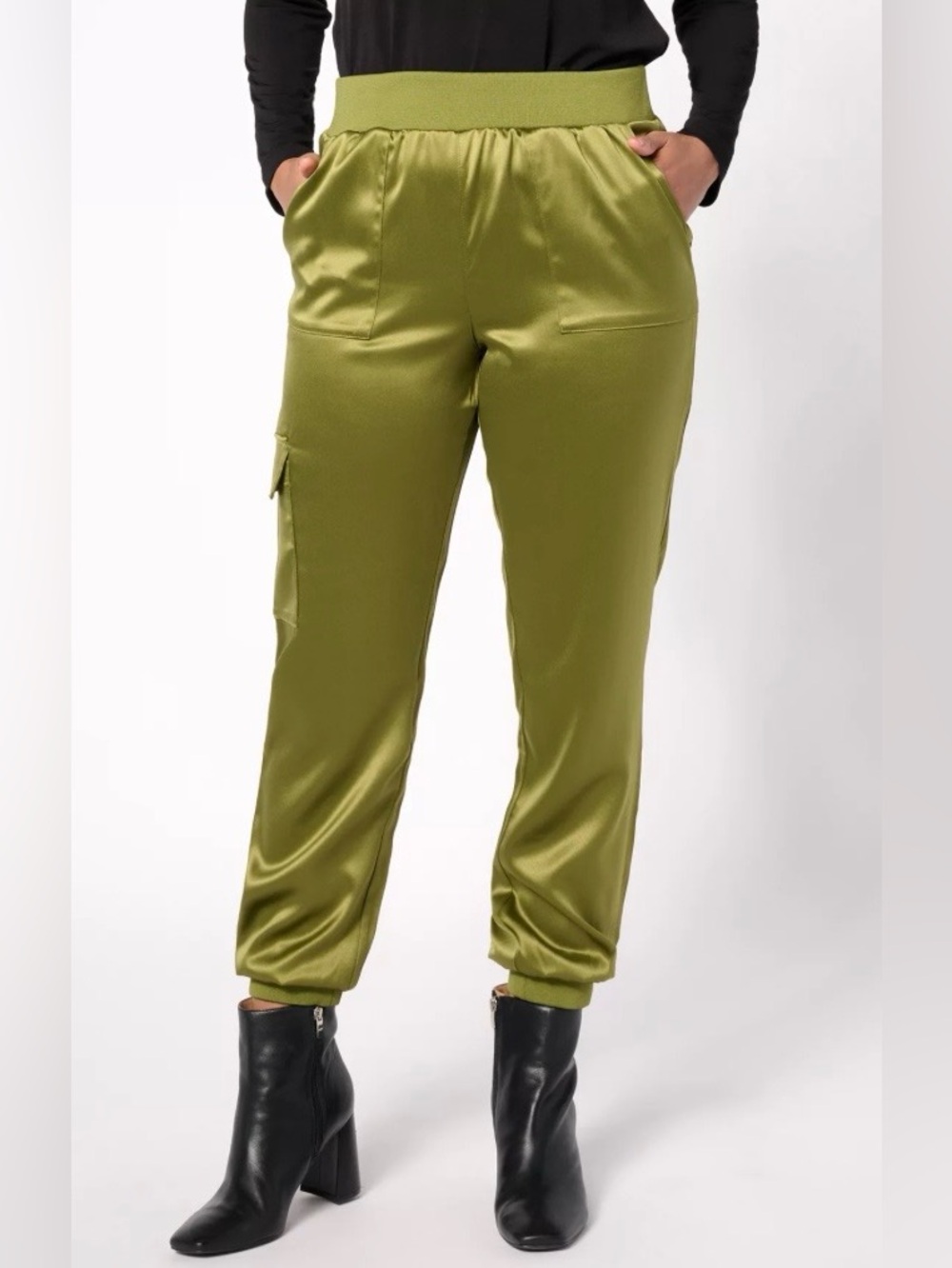 LOGO by Lori Goldstein Satin Cargo Pants with Rib Waistband in Olive Branch